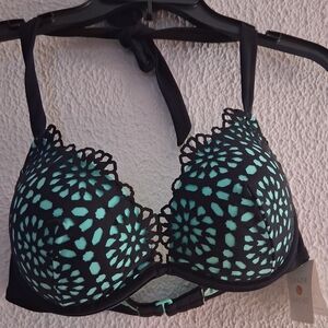 Shade & Shore Black and Teal Push Up Halter Lift Bikini Top Size 34D  NWT